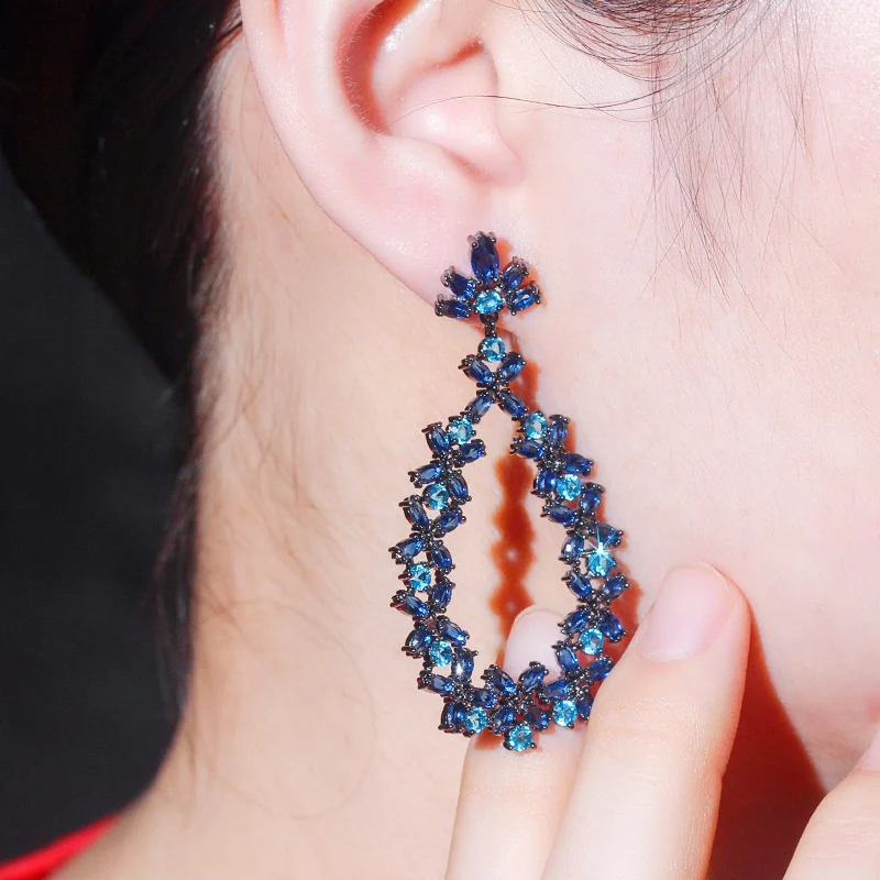 CWWZircons Drop Dangle Cluster Flower Leaf Dark Blue Cubic Zircon Crystal Long Party Earrings for Women Designer Jewelry CZ733