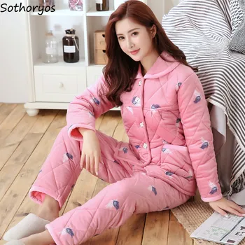 

Pajama Sets Winter 2020 Thicker Plus Velvet Coral Fleece Turn-down Collar Pockets Cartoon Printing Pajamas Womens 2 Pieces Chic