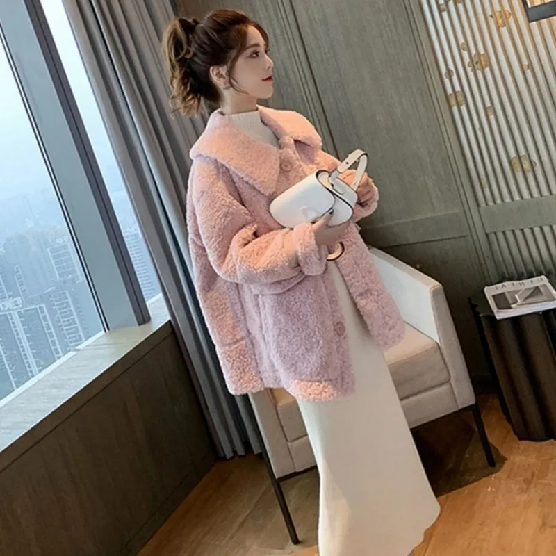 pink Зимняя женская куртка свободного кроя с мехом Kawaii, верхняя одежда, пальто, Повседневная Уличная одежда, однобортный воротник с лацканами, женские куртки из искусственного меха - Цвет: pink