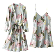Летний Тонкий ремешок платье-Пижама женская хлопок двухсекционная Пижама сексуальный Свободный Плюс Размер длинный халат одежда с принтом комплект