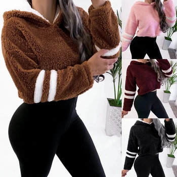 

Minimalist Solid Color Crop Teddy Hoodie Sweatshirt Winter Black Women Hooded Pullover Sweatshirts Ladies Fleeve Crop Hoodies