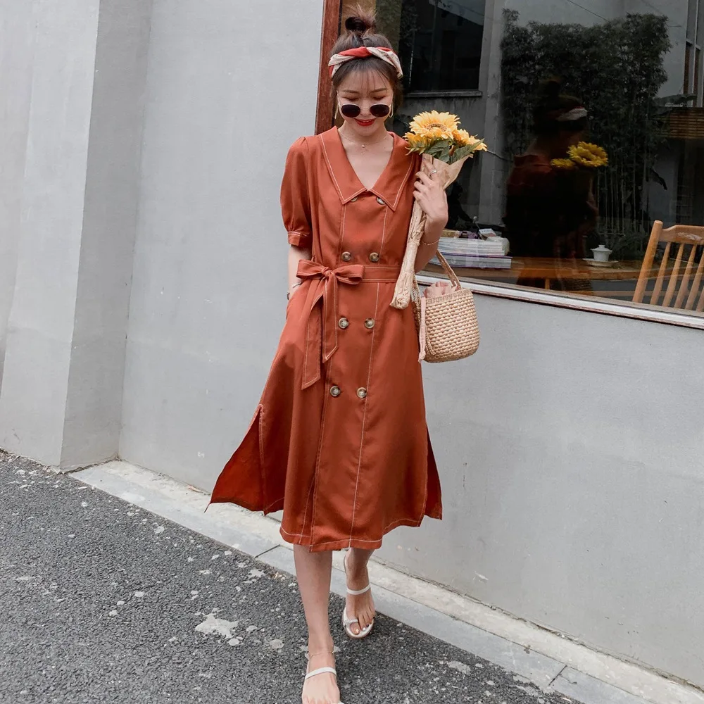 

France Non-mainstream WOMEN'S Dress 2019 Summer New Style Retro Hepburn Wind Double Breasted Waist Hugging Lace-up A- line Skirt