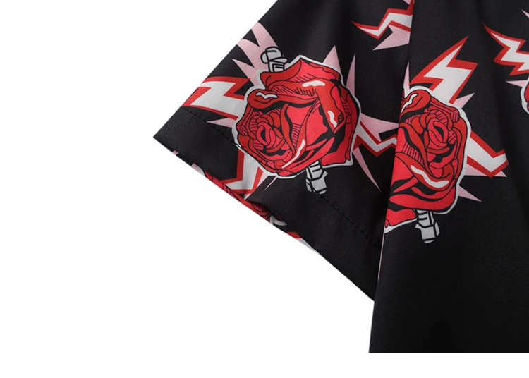 Hip Hop Shirt Streetwear Mens Hawaiian Shirt Red Rose Harajuku Floral Spring Summer Beach Shirt Hawaii Thin Short Sleeve