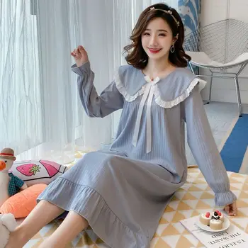 

Women'S Spring Autumn 100% Cotton Long-Sleeved Nightgown Cute And Sweet Nightdress Summer Princess Style Doll Collar Nightgown