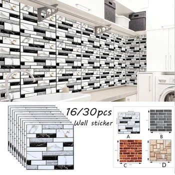 

16pcs 30*30cm 3D Brick Waterproof Removable DIY Wall Sticker Self-adhesive PVC Background Wallpaper for Kitchen Bathroom