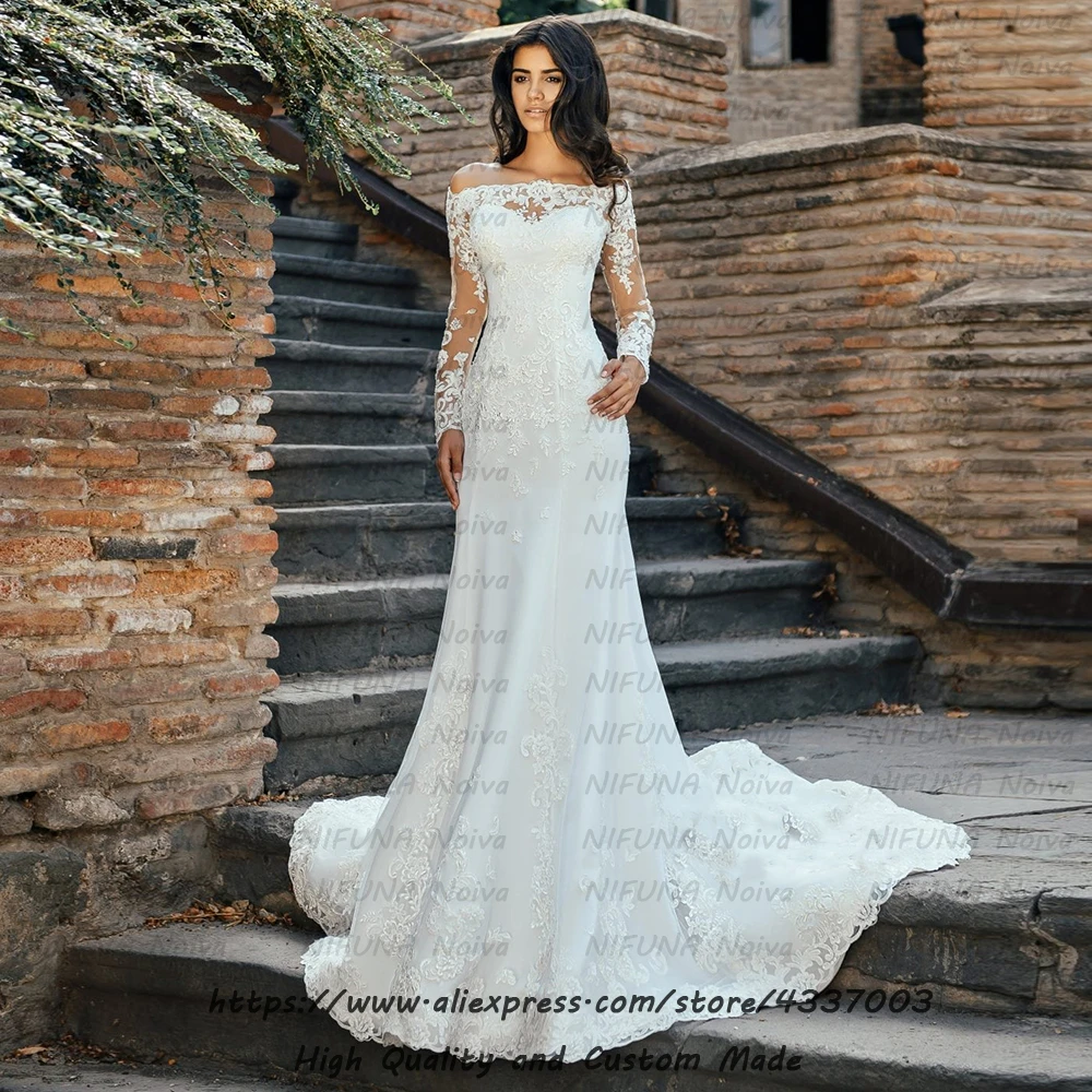 Robe de Mariee/свадебное платье с длинными рукавами и открытыми плечами, платье невесты цвета слоновой кости с аппликацией и юбкой-годе, свадебное платье es abito da sposa
