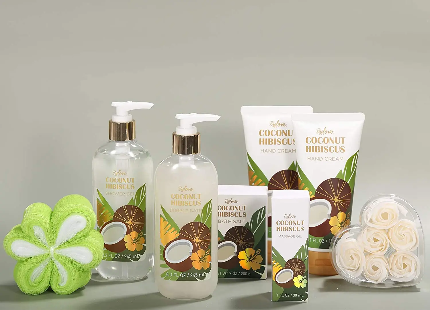 Yoni Soap - Coconut & Hibiscus Scent Spa Gift Basket, Home Bath and Body Gift Set with Massage Oil, Bubble Bath, Bath Salt