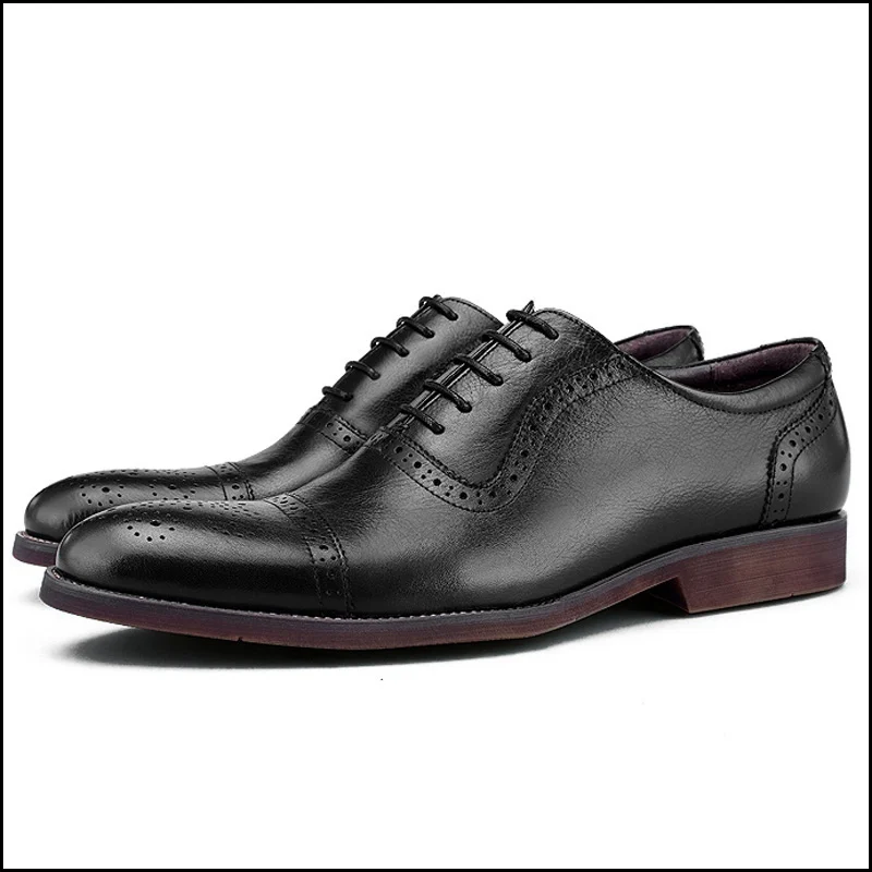 Vintage Man Cap Toe Semi Brogue Shoes Genuine Leather Formal Office Party Oxfords Round Toe Laces Men's Wedding Flats BGQ236