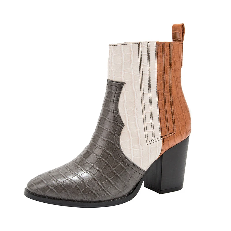 LALA IKAI/женские зимние ботильоны смешанных цветов Женская обувь на квадратном каблуке ботинки челси из искусственной кожи на среднем каблуке без застежки XWC4051-4
