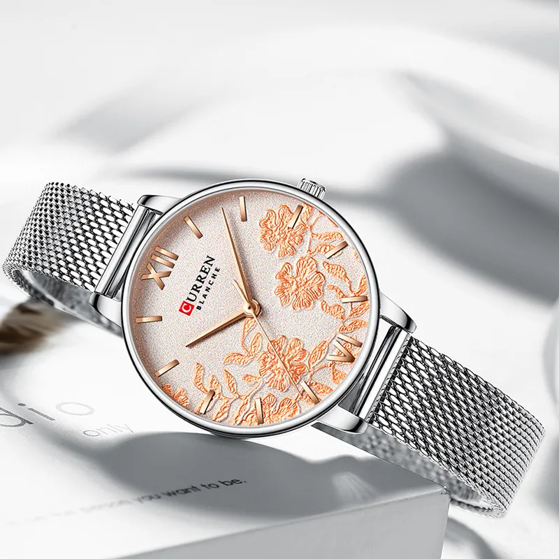 Curren женские часы-браслет дизайн роскошные розовые, золотые, женские часы для девочек из нержавеющей стали аналоговые кварцевые часы серебро