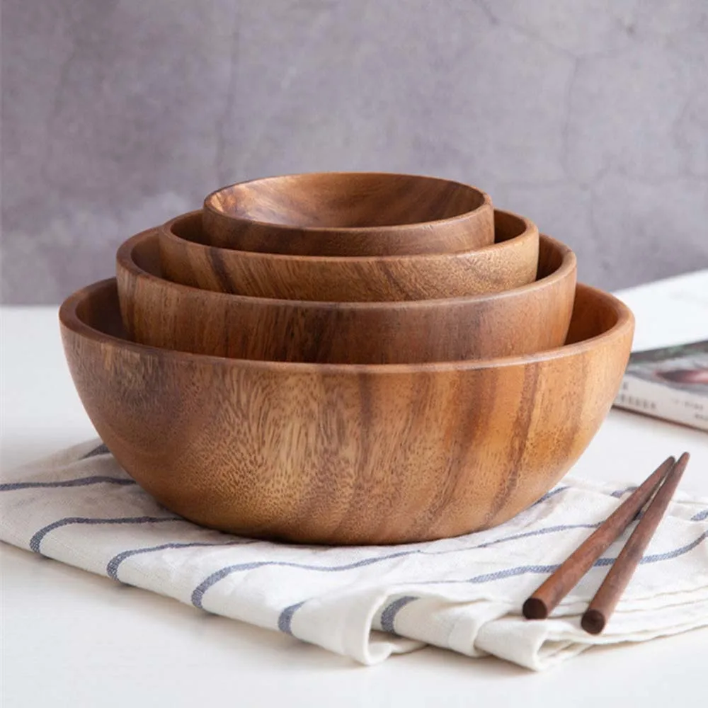 Cuenco de madera Cuenco de madera de acacia maciza para ensalada Sopa Arroz Cuenco de madera hecho a mano Utensilios de cocina 13 * 7cm 