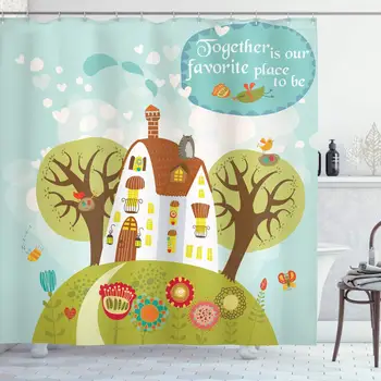 

Nursery Shower Curtain, Cartoon House and Nature with Together is Our Place to Be Typography Print, Cloth Fabric Bathroom Decor