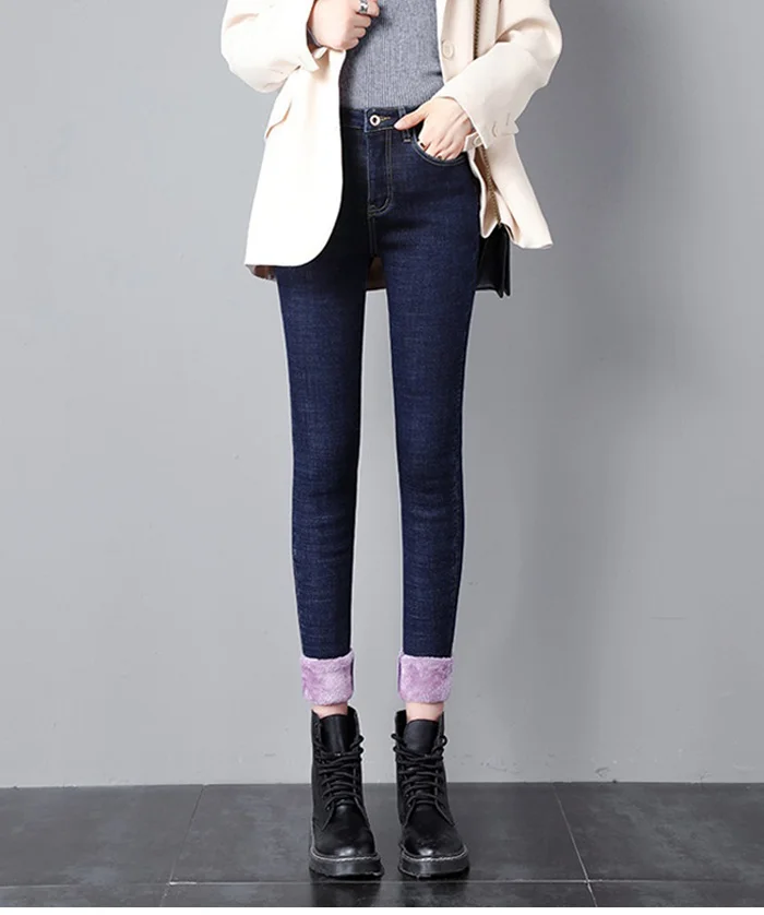 2019 женские Зимние флисовые джинсы Новые однотонные теплые плотные джинсовые узкие брюки модные обтягивающие джинсовые спортивные брюки