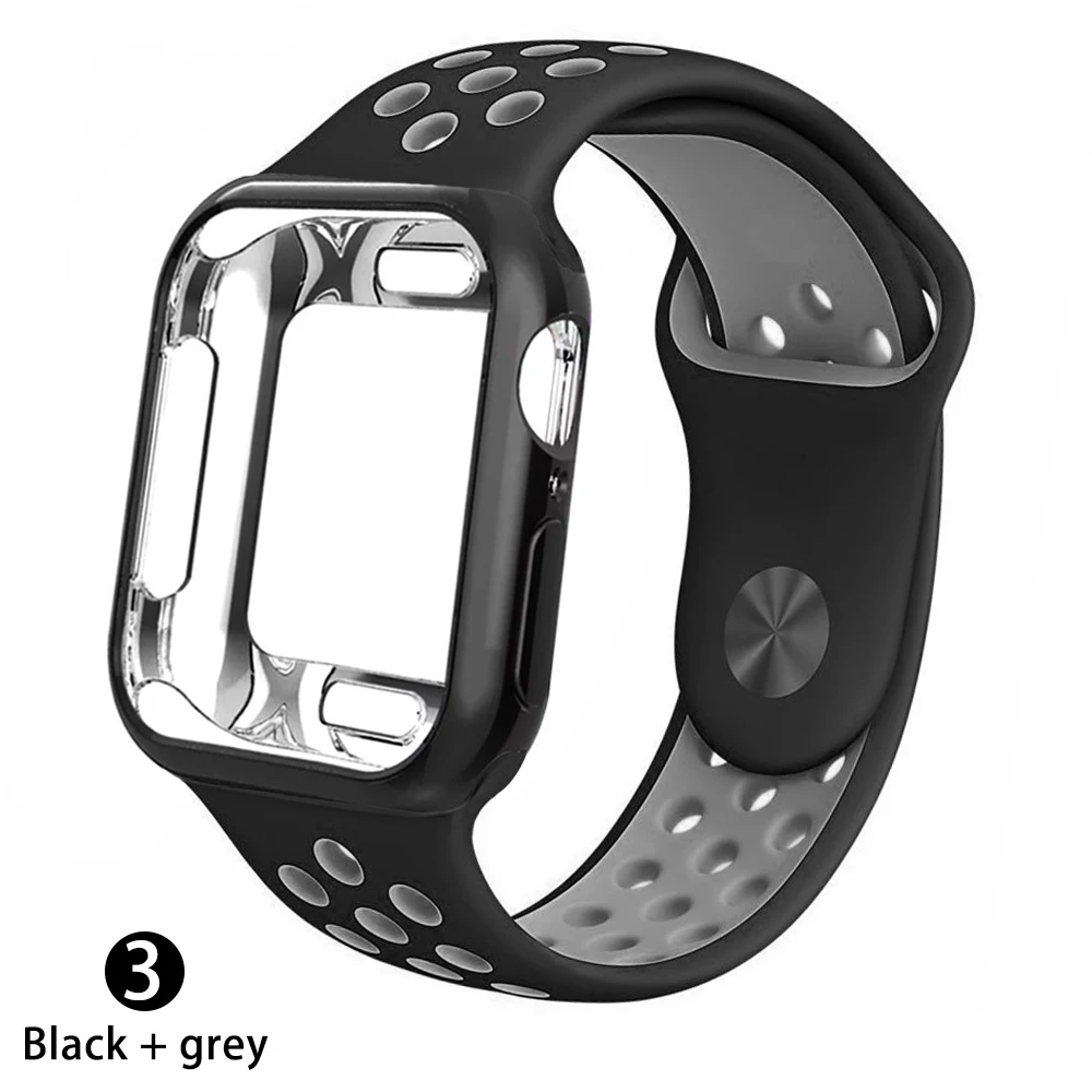 Силиконовый спортивный ремешок+ чехол для apple watch 5 4 3 2 1 серия 38 мм 42 мм ремешок для iwatch 40 мм 44 мм браслет аксессуары для запястья - Цвет ремешка: Black with grey