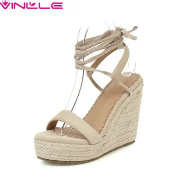 

VINLLE 2020 Wedge High Heel Sandals Flock Lace Up Summer Women Pumps Fashion Platform All Match Women Shoes Big Size 34-43