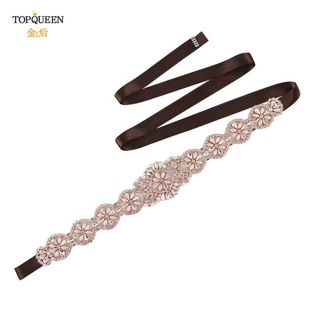 TOPQUEEN S161-RG Bridal Wedding Rose Gold Party Belts for Women Fashion Rhinestone Ribbon Fancy Sash Formal Prom Dress Belt Brown Ribbon