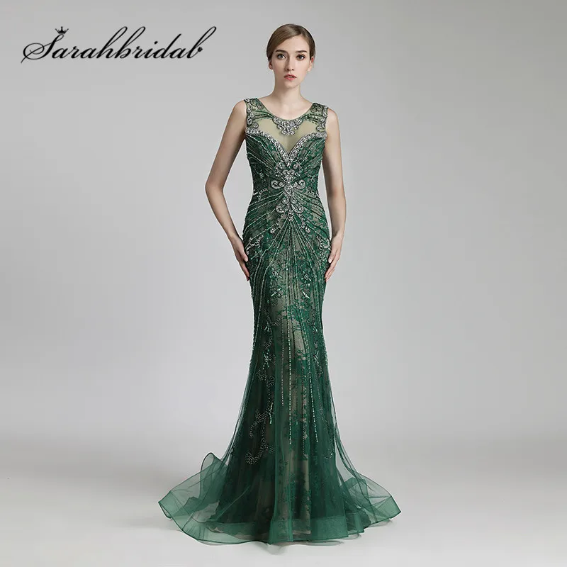 

Luxury Long Evening Dresses Sexy Sheer Back Mermaid O Neck Beaded Crystals Women Formal Celebrity Gowns Real Photos CC429