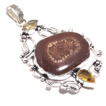 

Genuine Solar Quartz + Citrine Pendant Silver Overlay over Copper , Hand made Women Jewelry gift , P8446