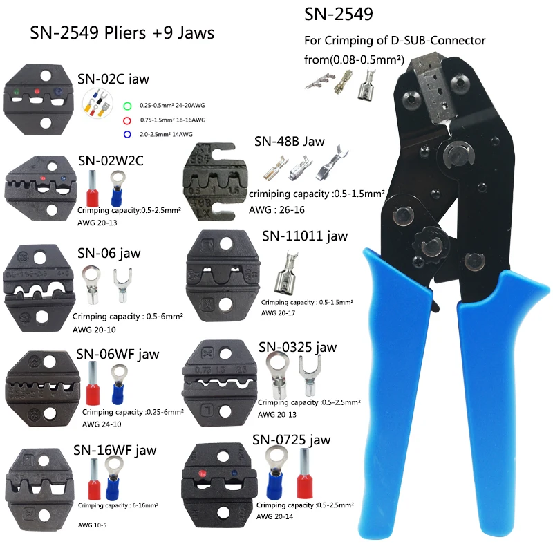 SN-2549 обжимные плоскогубцы для неизолированных пластин и контейнеров 0,08-мм2 AWG: 28-18 прецизионный инструмент для обжима - Цвет: 2549 and 9Jaws