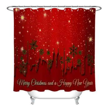 

Red Christmas Night Stars Shower Curtain & Hooks Set Bathroom Polyester Fabric