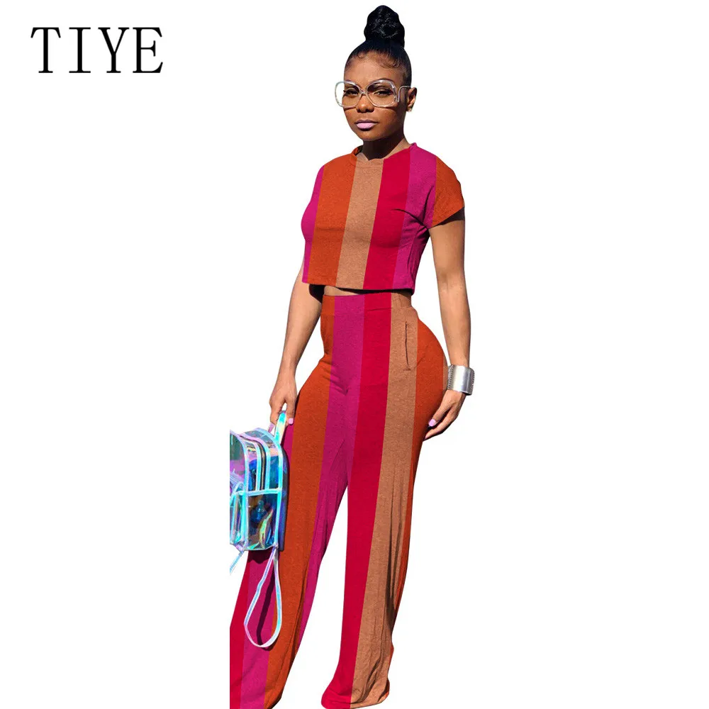 

TIYE Women Clothing Casual Two Piece Set Top and Wide Leg Pants Elegant O-neck Short Sleeve Summer Female Outfits Plus Size XXL