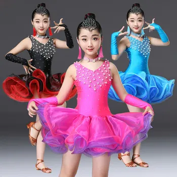 

New black blue rose Red latin dance dress for girls child latin dance competition dresses girls salsa latin dance costumes girls