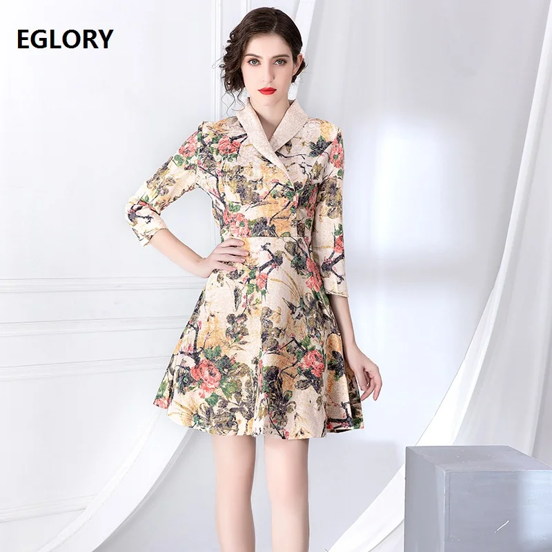 

Slim Fit & Flare Dress 2019 Autumn Style Women Turn-down Collar Cute Birds Floral Print Vintage Party Sexy Dress Plus Size 3XL
