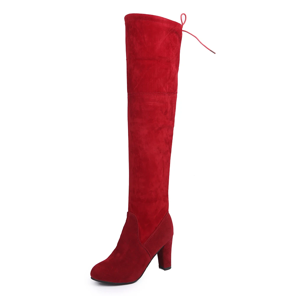 Г. Женские ботфорты из флока однотонные высокие сапоги до бедра на высоком каблуке со шнуровкой пикантная зимняя обувь для женщин, Размеры 35-43 - Цвет: WINERED