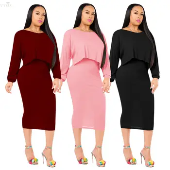 

Femme Casual Ribbed Two Piece Set Batwing Sleeve Pullover Crop Top Women Bodycon Midi Tank Dress High Stretch 2 Piece Set Women