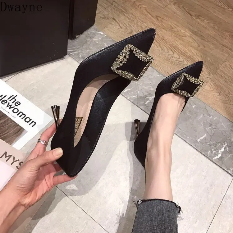 

Temperament Elegant Womens Shoes Korean Square Buckle Rhinestones High Heels Stiletto Sexy Pointed Shallow Mouth Single Shoes