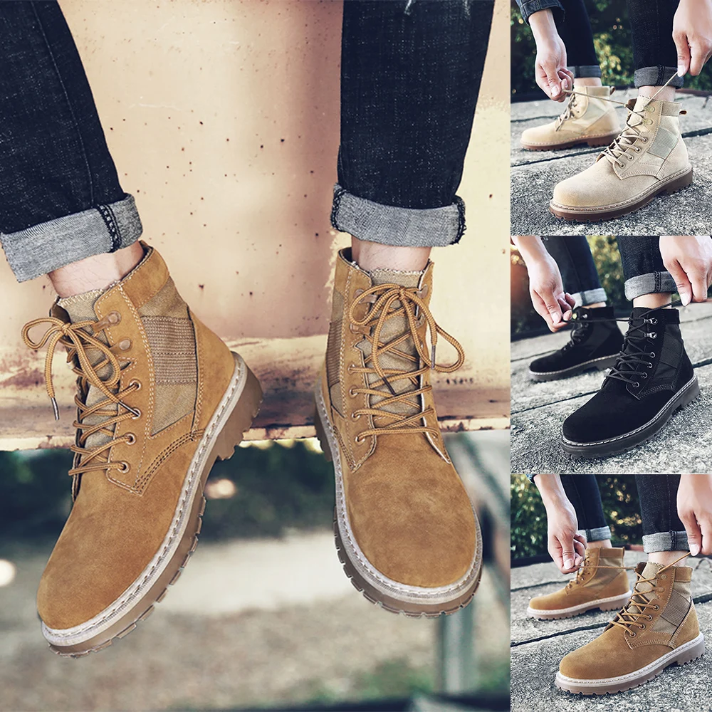 Men Fashion Short Boots Ankle Boots Men Leather Canvas Low Heel Boots Outdoor Sanded Boots New Boots
