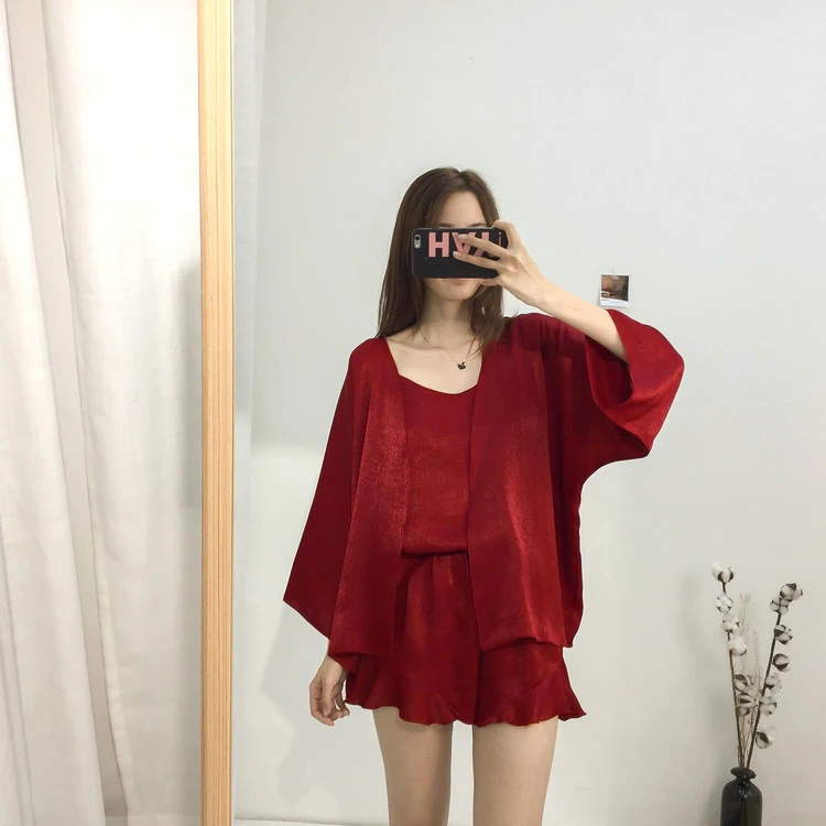 Korean-style Thin New Style Velvet Four-piece Set Pajamas Women's Spaghetti Strap Pajamas Women's Robes Coat Tracksuit Spring An