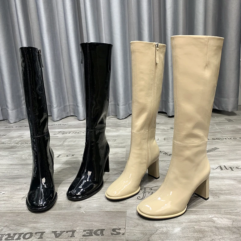 

BELLECOM Women's Shoes Paint Cowhide Circle Head Square With High With Long Canister No Overknee winter Boots women botas mujer