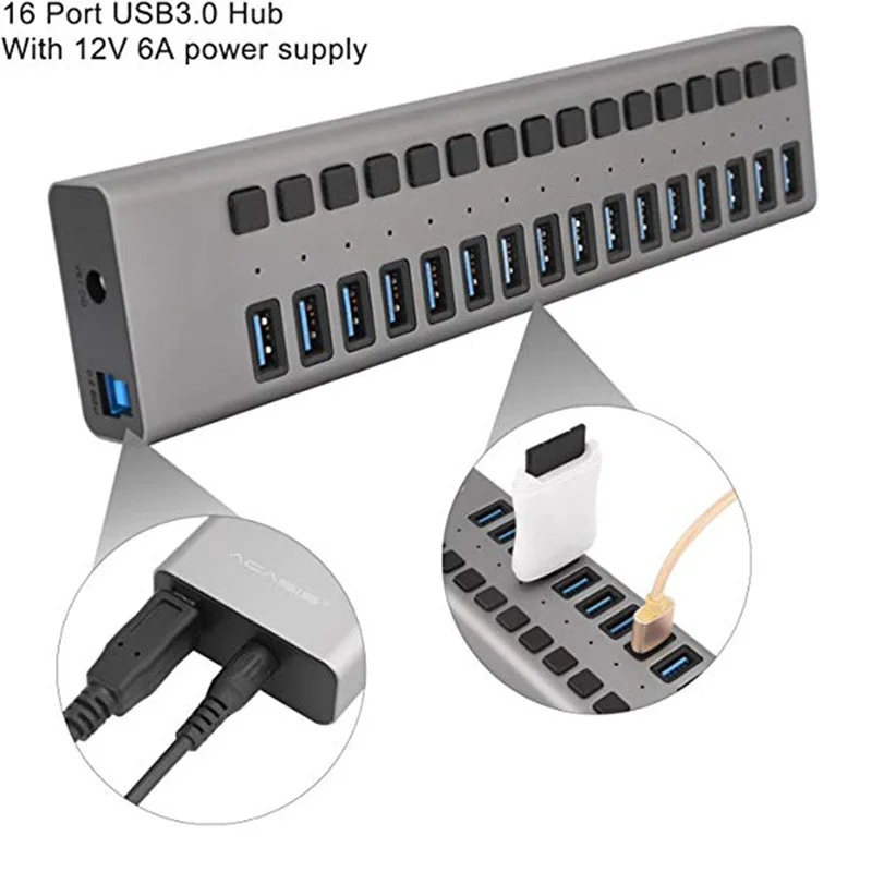 USB 3,0 концентратор 16 Порты и разъёмы usb-хаб с Мощность адаптер/зарядки Порты и разъёмы/индивидуальный Мощность переключатели для Windows Vista/7/8/10 MacOS-8/9/X