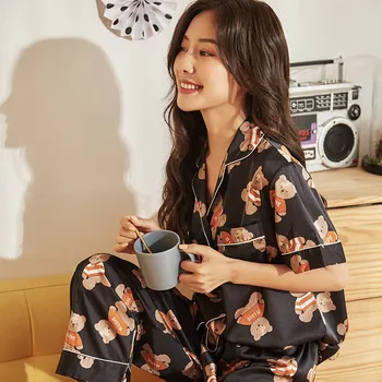 

Summer New Ladies Pajama Set Soft Silk Satin Sweet Cartoon Bear Printed Sleepwear Comfort Turn-down Collar Short Sleeve Homewear