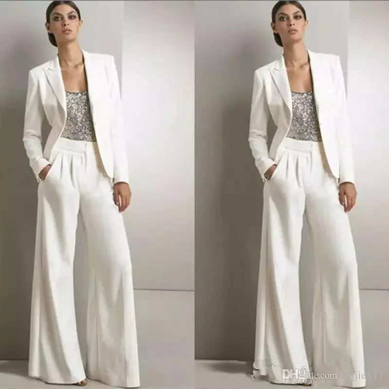 Серебряная расшитая блестками Свадебная гость vestido novia madrinha Hot8 современный белый три части Мать невесты платья брюки костюмы