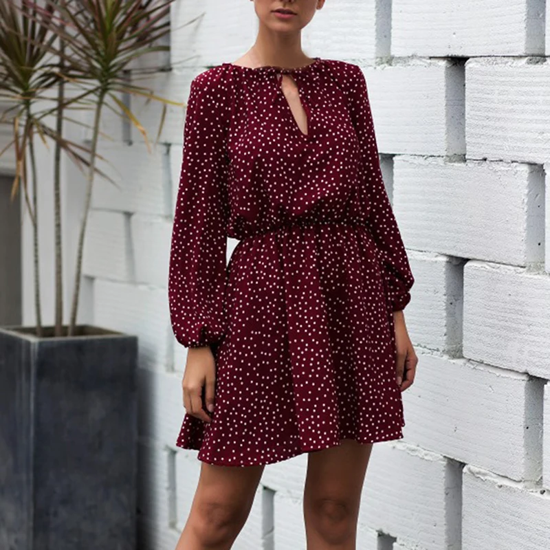 

Autumn Dress Sweet Dot Point V-neck Lace-up Dress Puff Sleeve High Waist Slim Mini Dresses vestidos