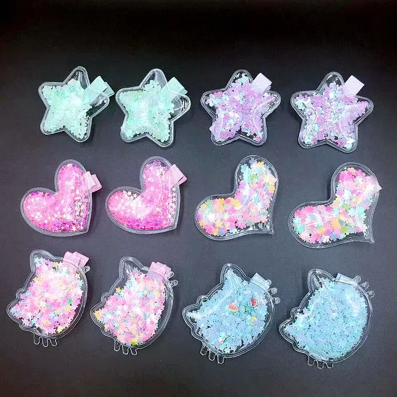 

12 Pcs/Set Flowing Sequins Hair Clips For Kids Love Star Cat Hairpins Snap Barrette Stick Hairpin Hair Styling Accessories