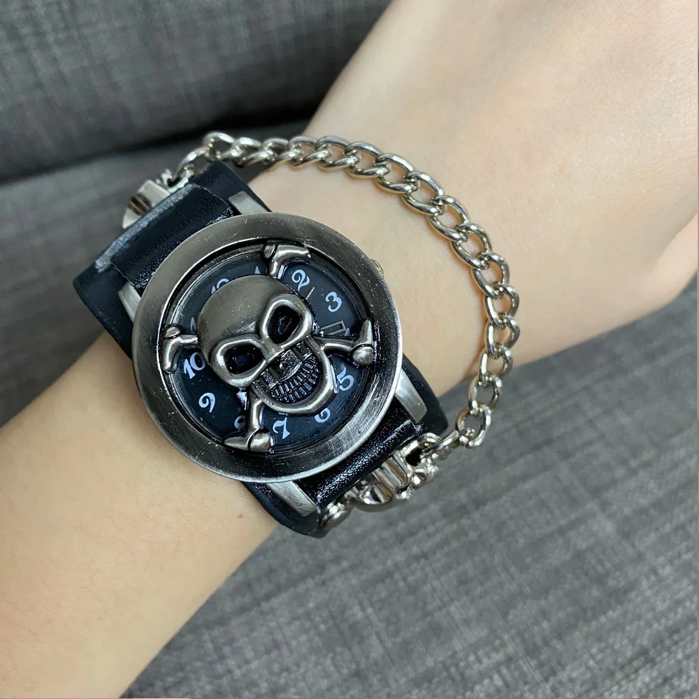 

Men's Watch Big Dial Punk Skull Quartz Watch Black Leather Concealed Buckle Men's Street Military Clock Montre Homme