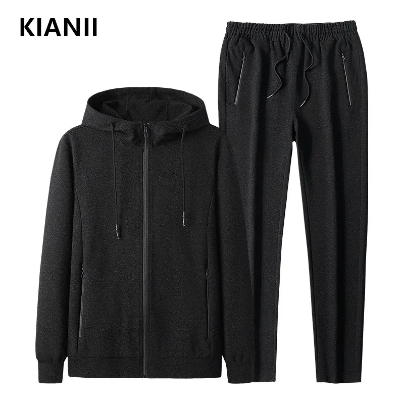

KIANII Men's Black Sports Suit 2019 Winter Loose Casual Cardigan Hooded Jacket + Trousers Set M-4XL