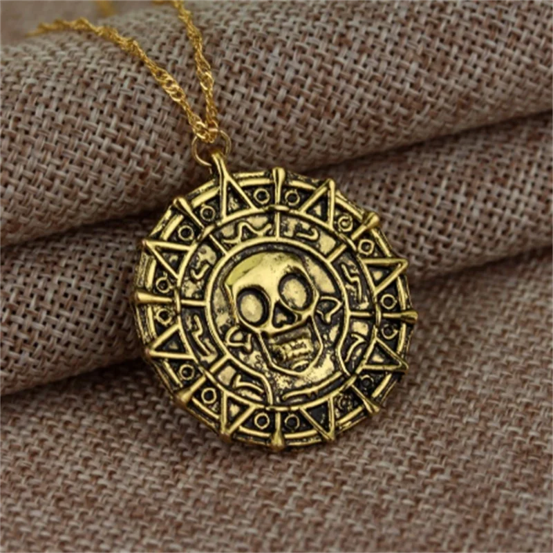 

Pirates Of The Caribbean Necklace Jack Sparrow Aztec Skeleton Skull Heads Pendant Coin Medallion Vintage Jewelry wholesale