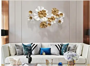 

European Wrought Iron Golden White Flower Pendant Wall Hanging Home Livingroom Sofa TV Background Wall Mural Crafts Decoration