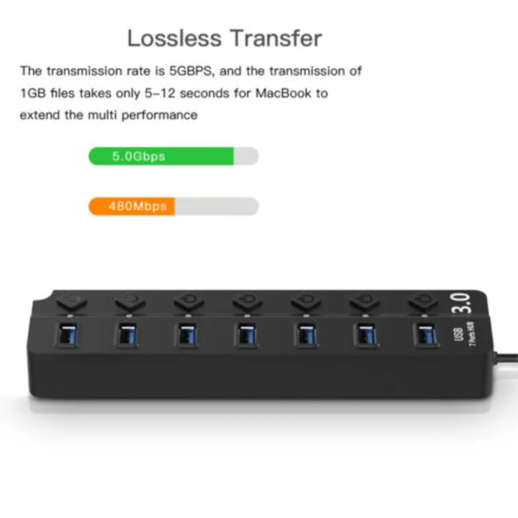 7 Port Usb 3 0 Hub 5Gbps High Speed On Off Switches Ac Power Adapter For 4