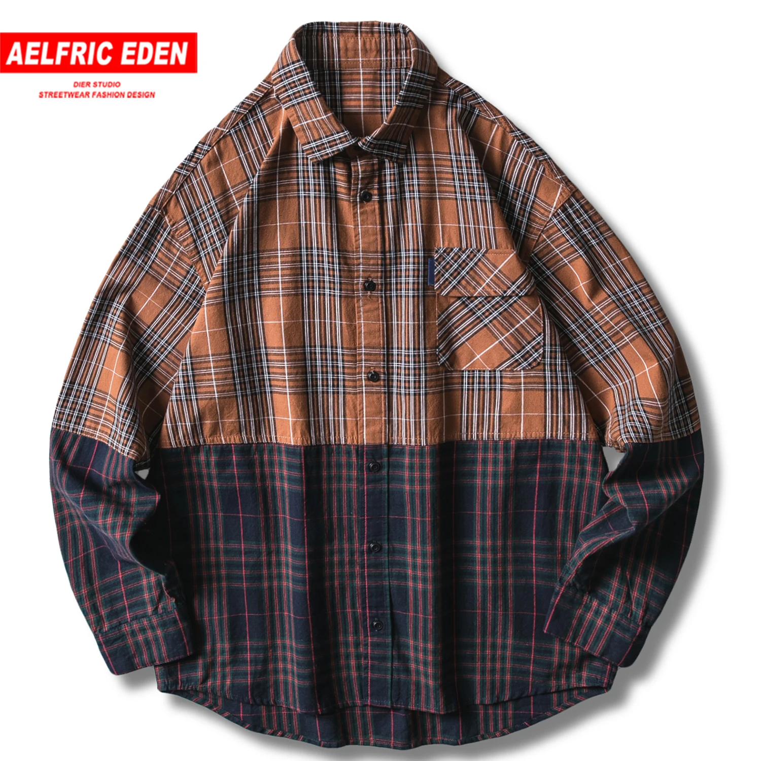 

Aelfric Eden Hip Hop Plaid Patchwork Men Shirts 2019 Fashion Harajuku Streetwear Casual Cotton Oversize Male Long Sleeve Outwear