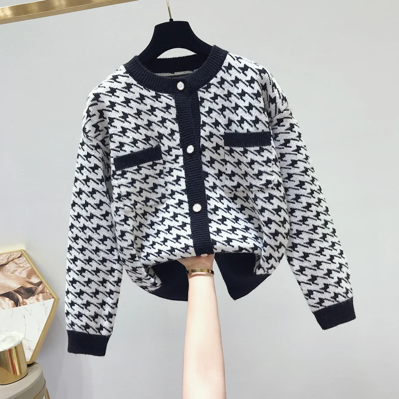 Новые осенние и зимние женские Свитера повседневные Хаундстут вязаный кардиган куртка корейский женский свободный маленький ароматный трикотажный топ - Цвет: Черный