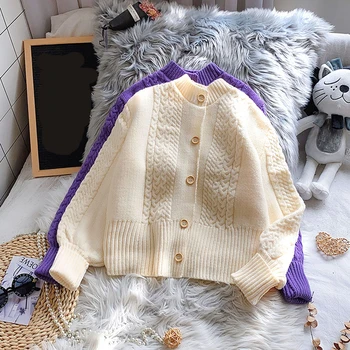 

knitted lantern sleeved women sweater and cardigan 2020 wintern new solid button short high waist female outwear coat tops