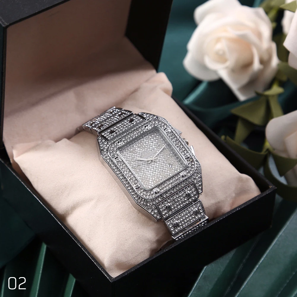 Super Shine Hip Hop Iced Out Men Watch Square Diaond Quartz Mens Wrist Watches Gold Roan Calendar Steel Clock_voghion.com