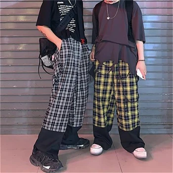 

NiceMix streetwear Stitching Trendy Casual Pants All Matching Korean Style Ins Retro Hip Hop Street Plaid Men And Women For Tide