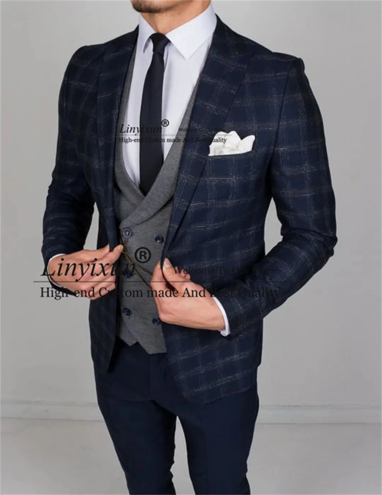 Мужской Клетчатый костюм тёмно-синего цвета из 3 предметов | Мужская одежда