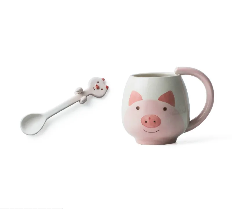 Ручная роспись кофейная чашка Милая панда/лягушка/кошка/свинья керамическая кружка чашка включает чайную ложку LW0321603 - Цвет: D